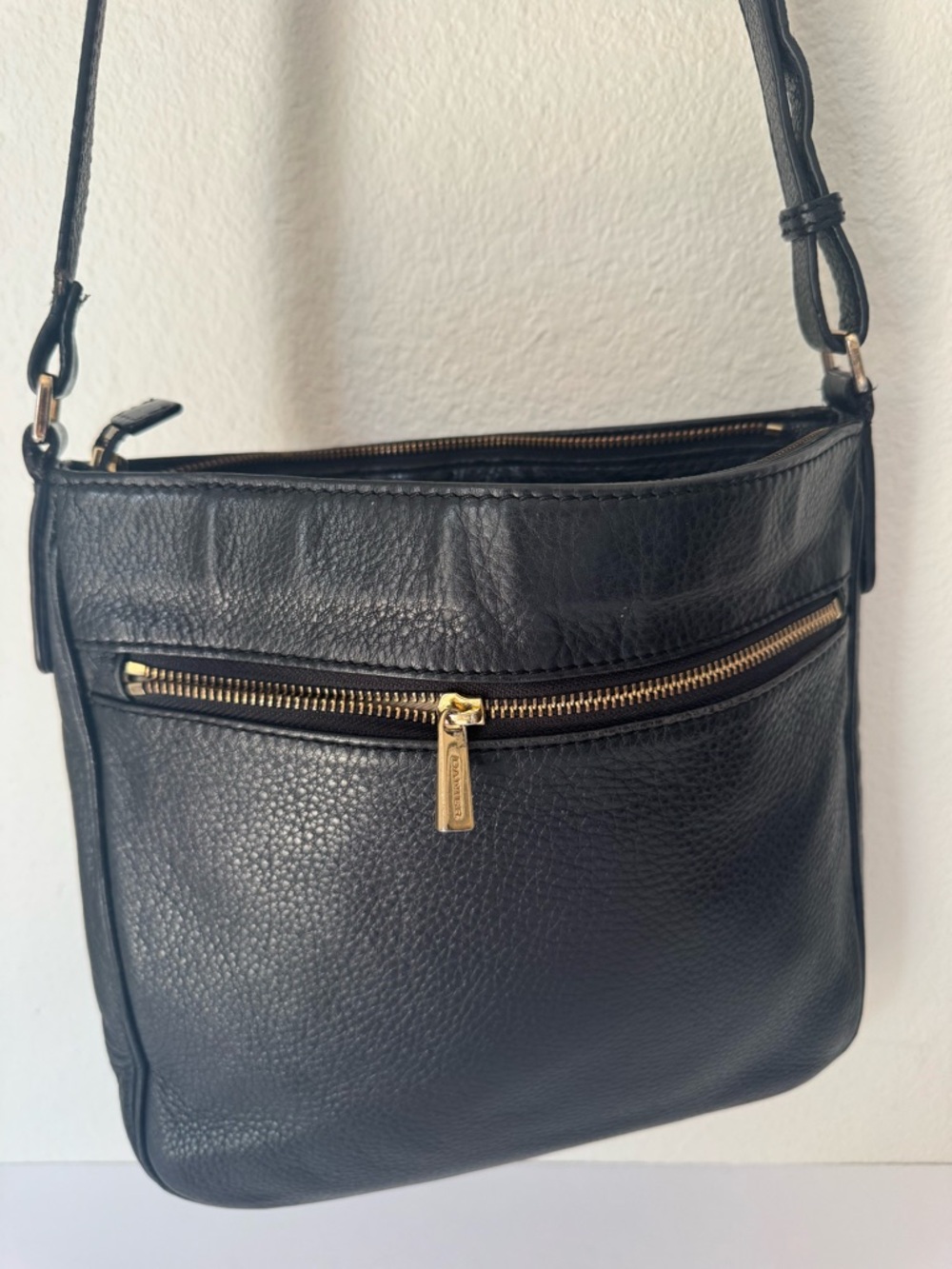 Danier Soft Black Italian Pebbled Leather Crossbody with Gold Hardware Accents